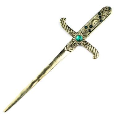 Imagem de Athame Metal Dourado Envelhecido 19 cm Pedras Verdes - Lua Mística - 1
