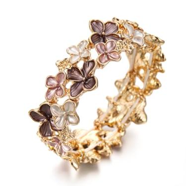 Imagem de LUREME Pulseira feminina floral Sakura dourada - Pulseira elástica colorida com flor esmaltada, punho elástico ajustável (bl003608), Standard, Liga metálica, Sem Pedra Preciosa
