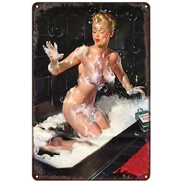 Imagem de Placa de metal vintage Pin Up Girl Sexy Lady Poster Naked Woman Bubble Bath Placa de decoração de parede para casa bar pub clube café sala de estar banheiro garagem homem caverna 20 x 30 cm