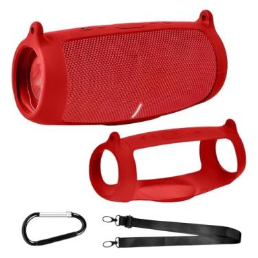 Imagem de Capa de silicone para alto-falante Bluetooth portátil JBL Charge 5, gel de viagem, pele macia, bolsa de transporte de borracha à prova d'água com alça (vermelha)