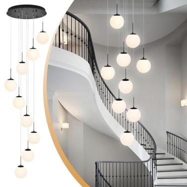 Imagem de KoKo&Yukina 9 Luzes Globo De Vidro Branco Leitoso Luminárias Pendentes De Comprimento Ajustável Luminárias Pendentes Globo De Vidro Moderno Lustres Pretos Lustres Grandes Para Tetos Altos Foyer