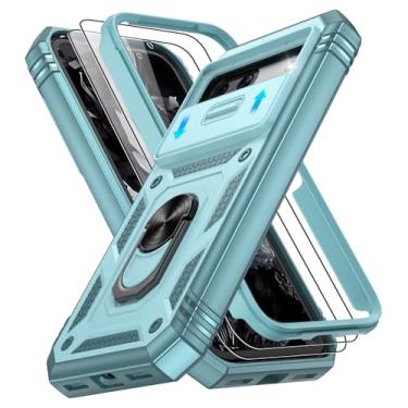 Imagem de Gritup Capa para celular Google Pixel 8A com capa de câmera deslizante e protetor de tela (2 peças), suporte de anel giratório 360, capa protetora de grau militar para Pixel 8A, verde