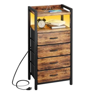 Imagem de Kitstorack Mesa de cabeceira com estação de carregamento e luz LED rústica mesa de cabeceira marrom com gavetas, mesa de cabeceira alta, 4 gavetas de tecido