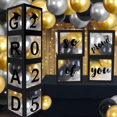 Imagem de AOKE Graduation Party Decorations 2024 Graduation Balloon Boxes, 4Pcs Graduate Balloon Boxes with Gold Balloon Black Letter "GRAD 2024 So Proud of You" for School Graduation Party Supplies