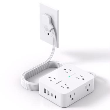 Imagem de Faixa de alimentação com protetor de picos de tensão, cabo de extensão com múltiplas tomadas, tomada plana ultra fina de 5 pés, 8 tomadas, 4 portas USB (2USB C), extensor de tomada múltipla
