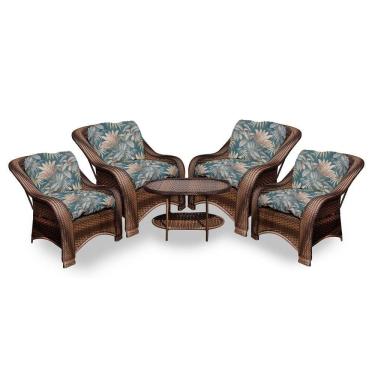 Imagem de Conjunto De Poltronas Fibra Sintética Melo - 4 Poltronas + 1 Mesa Centro - Tecido Palmares Petróleo