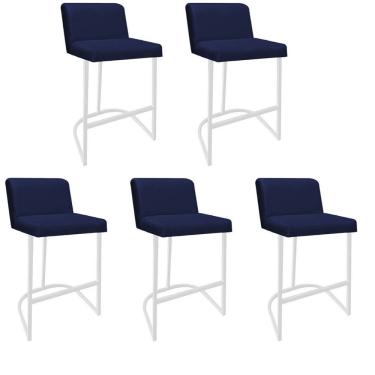 Imagem de Kit 05 Banquetas Com Encosto Confort Bistrô Cozinha Ferro Branco Corino Azul Marinho Amey Decor