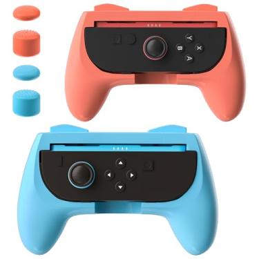 Imagem de GLDRAM Punhos para Nintendo Switch 2 Joycon, conforto e resistente ao desgaste Joycon 2, acessórios Switch 2 com alça ergonômica e 4 tampas de aperto de polegar - azul e laranja (pacote com 2)