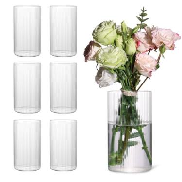 Imagem de TripodBird Pacote Com 6 Vasos Cilíndricos De Vidro Canelado, Transparentes Para Decoração Centro Mesa Casamento, Vaso Flores Transparente 15 Cm Altura A Granel, Vela Flutuante Hurricane, Festa E Cas