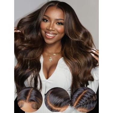 Imagem de KLAIYI Peruca Ombré Brown Body Wave Bye Knots Sem Cola, Pré-Cortada, Renda Frontal, Cabelo Humano, Castanho, Solto, Descolorido, Depilado, Use E Combine Com Raízes Escuras, Anos 30, Pronta Para 24 P