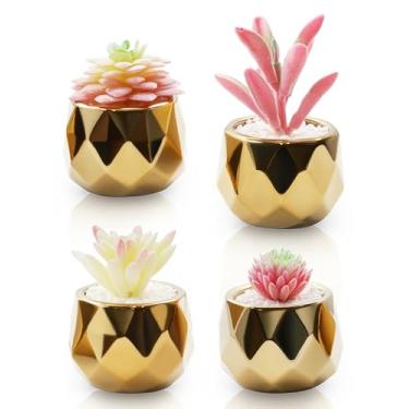 Imagem de VIVERIE Suculentas falsas em vasos brancos (conjunto de 4) - Mini plantas suculentas artificiais realistas para mesa de escritório, prateleiras de casa e outros espaços de decoração (cerâmica, ouro