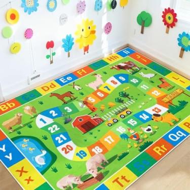 Imagem de Lacomfy Tapete infantil ABC Tapete para brincar com animais, 1,8 m, grande, fazenda, quarto, meninos, meninas, alfabeto, coleção, número, educacional, aprendizagem, tapete lavável, para sala de aula,