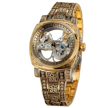 Imagem de FORSINING Relógio esqueleto masculino número romano relógio de pulso turbilhão automático com pulseira de aço inoxidável, Dourado, Clássico