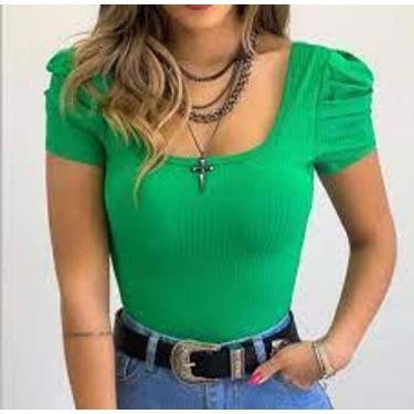 Imagem de Body feminino manga princesa bufante malha canelada com bojo manga cur