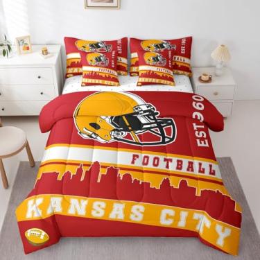 Imagem de Erosebridal Jogo de lençol com 7 peças, solteiro, para fãs de futebol americano, cidade, futebol, vermelho, amarelo, rúgbi, decoração de quarto de competição, bola esportiva, jogo de cama (Kansas)
