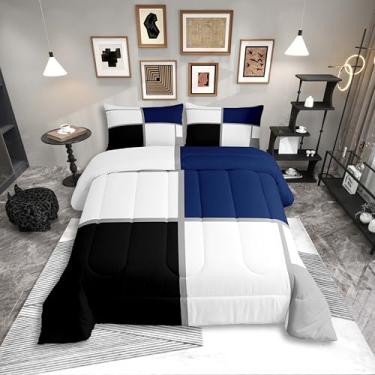 Imagem de Erosebridal Conjunto de edredom geométrico, tamanho king, para adultos, adolescentes, abstrato, preto e branco, azul marinho, listrado, geométrico, para minimalista, arte moderna, patchwork, edredom