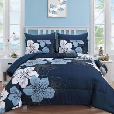Imagem de Luxudecor Conjunto de edredom casal azul marinho, 7 peças, conjunto de cama com estampa floral azul marinho, conjunto de cama completo de microfibra macia para todas as estações
