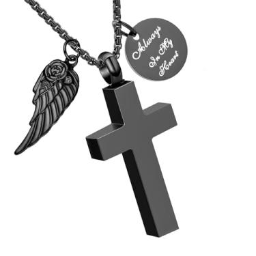 Imagem de RJCMJDEU Colar de cinzas de urna com cruz para mulheres e homens, joia de cremação humana para entes queridos, pingente de cinza de asa de anjo memorial - Always in My Heart, Aço inoxidável, Sem Pedra