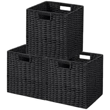 Imagem de UBBCARE Pacote com 3 cestas de vime, 28 cm C × 28 cm A × 26 cm Cestas de armazenamento de corda de papel trançado para prateleiras, cesto de armazenamento dobrável com alça, cesta de armazenamento