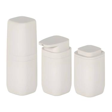 Imagem de Kit Banheiro 3pç Porta Escova Cotonete Algodão + Dispenser Sabonete Líquido 380ml Bege - Aura Ou 