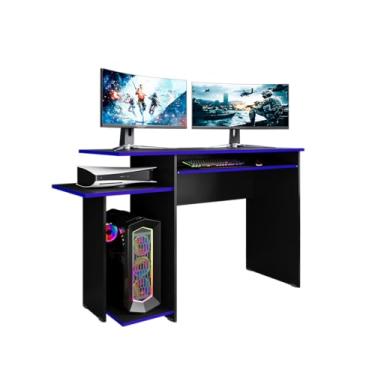 Imagem de Mesa Escrivaninha Para Computador Escritório Pc Gamer 120cm De Largura Com Suporte De Teclado (Preto Fosco/Azul)