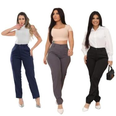 Imagem de Calça Reta Alfaiataria Azul Marinho Feminina Social Cintura Alta Com b