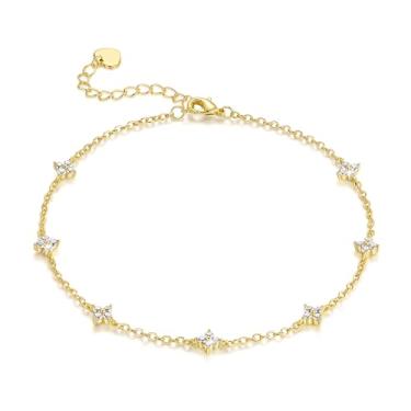 Imagem de YODOKU Tornozeleiras femininas com design de trevo de quatro folhas com zircônia cúbica e tornozeleira de ouro 14K para mulheres