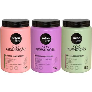 Imagem de Salon Line Kit SOS Hidratação, 3 Máscaras Capilares Concentradas 1kg, Queratina e Colágeno, Óleo de Rícino, Azeite de Oliva, Para Cronograma Capilar