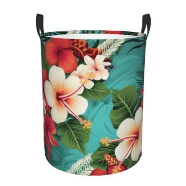 Imagem de Cesto de lavanderia com flores havaianas em fundo verde, dobrável, impermeável, cesto de armazenamento de roupas com alças, pano Oxford, organizador de brinquedos, cesta para banheiro, lavanderia
