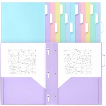 Imagem de Fuutreo 12 pastas pastel de plástico a granel com 2 bolsos e 3 pinos, com abas cortadas de 1/3 para pastas de arquivo de papel tamanho carta com abas para material organizador de escritório escolar
