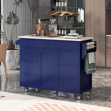 Imagem de Kacenray Ilha de armazenamento móvel de cozinha, carrinho de armazenamento moderno com armário, suporte para temperos e toalhas, bancada de madeira de borracha, gavetas sem alças, ideal para