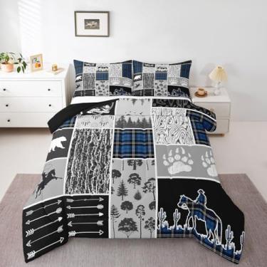 Imagem de Erosebridal Jogo de cama queen com estampa de urso, cavalo, caubói, azul royal, quadriculado, xadrez, casa de família rústica, decoração de flecha, 3 peças, para quarto de crianças, meninos e