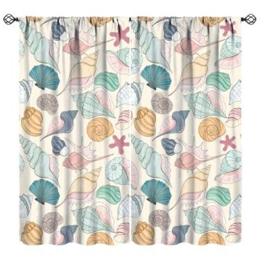 Imagem de Cortinas náuticas costeiras, oceano, praia, concha, estrela-do-mar, padrão coral, cortina de janela com 2 painéis, para decoração de quarto de bebê, quarto de bebê, 104 cm L x 114 cm C 30%
