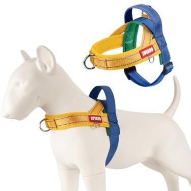 Imagem de Peitoral Buddy Medium Dog para raças pequenas e médias, macio, sem puxar, sem escape, peitoral para cães – Colete acolchoado refletivo ajustável com alça e fivela de liberação rápida, amarelo/azul, GG