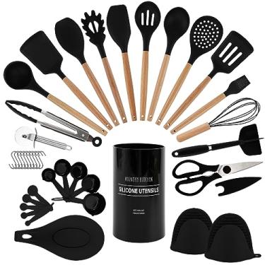 Imagem de Country Kitchen Conjunto de utensílios de silicone antiaderente com alças de madeira arredondadas para cozinhar e assar, conjunto de 38 peças, preto