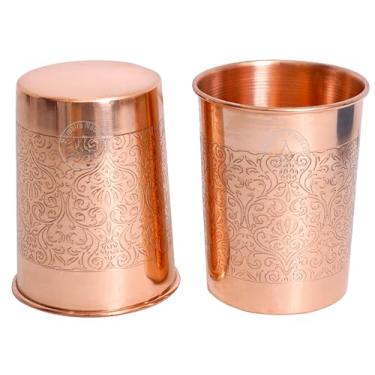 Imagem de Conjunto de 2 copos de cobre puro martelado para copos de água potável, copos de vidro para benefícios de saúde Ayurveda, vidro de cobre feito à mão
