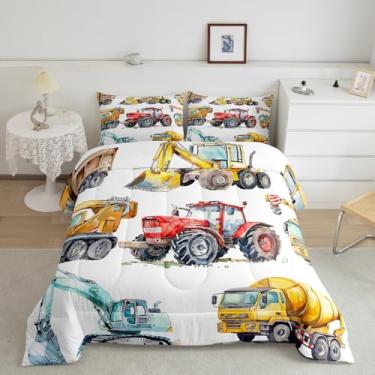 Imagem de Erosebridal Conjunto De Edredom Infantil Com Escavadeira, Tamanho King, Estilo Caminhão Retrô Para Meninos E Meninas Adolescentes, Trator, Máquinas, Veículos Construção, Roupa Cama, Guindaste, Mistu