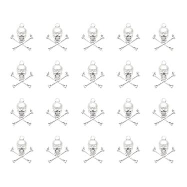 Imagem de Ruwado 20 peças pingentes de caveira 2,4 x 1,9 cm vintage metal horror crossbone pingentes para fabricação de joias de Halloween colar pulseira chaveiro brinco decoração artesanato suprimentos (prata
