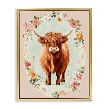 Imagem de Stupell Industries Design de arte de parede em tela flutuante de vaca com borda de flor de pêssego por Petal Prints Design, 78 x 63 cm