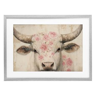 Imagem de Stupell Industries Gado com padrão de flor de cerejeira impressão emoldurada cinza design sob vidro por Heidi Kuntz, 14 x 20