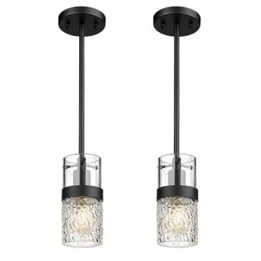 Imagem de LMS Conjunto de 2 luzes pendentes de vidro para ilha de cozinha, conjunto de 2 lâmpadas pendentes pretas modernas com vidro martelado e varões, mini iluminação suspensa para ilha de cozinha, banheiro