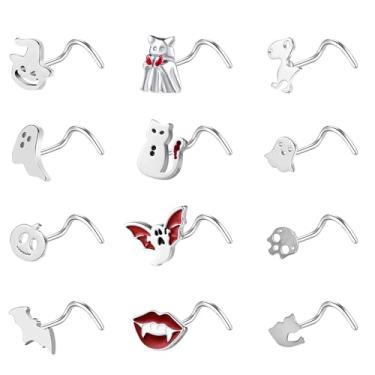 Imagem de ZS 12 peças de anel de nariz hipoalergênico de aço inoxidável 20G - Halloween morcego caveira abóbora em forma de L parafuso de rolhas prata preto piercing de narina joia para mulheres e homens (B