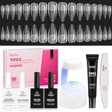 Imagem de Beetles Tipex Instant Apex Kit de pontas de unhas – Stiletto médio, pontas de acrílico espesso pré-gravadas pré-gravadas com cola de unha Tipex, desidratador, primer, base e camada superior, mini