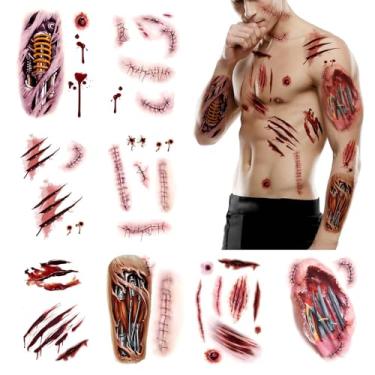 Imagem de 8 folhas, adesivos de tatuagem de cicatriz para o Dia das Bruxas, tatuagens falsas realistas, maquiagem de cicatrizes disfarçadas, tatuagens temporárias para homens e mulheres adultos, tatuagens