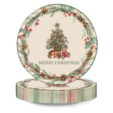 Imagem de 24 peças de pratos de papel para árvore de Natal, pratos descartáveis espessos, guirlanda de visco, conjunto de pratos de jantar de Natal de 23 cm para decoração de mesa de festa de inverno