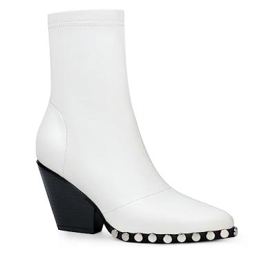 Imagem de ANN CREEK Botas Gogo curtas femininas com bico fino, salto alto, elástico no tornozelo, Branco, 36