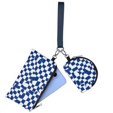 Imagem de chanoyu Carteira de pulso com mini zíper em torno de chaveiro – bolsa dupla de grande capacidade destacável para moedas com chaveiro, serve para telefone, Xadrez azul