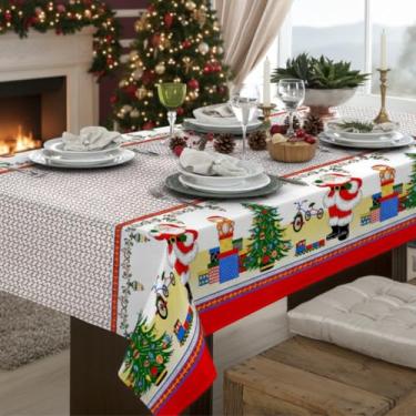 Imagem de Toalha de Mesa Natalina Retangular, 220x140cm, 6 Lugares, Tecido Gorgurinho, Branca com Estampa de Papai Noel (Celebração de Natal)