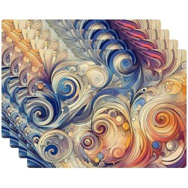 Imagem de Conjunto de 4 jogo americano com suporte de cortiça, decoração de cozinha e mesa de jantar jogo americano rígido 30,5 x 40,6 cm (redemoinhos)