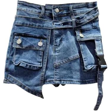 Imagem de Saia Jeans Feminina Cintura Alta Patchwork Falso 2 Pcs Cinto Assimétrico Curto Cargo Mini Saias, Dark Blue, XL